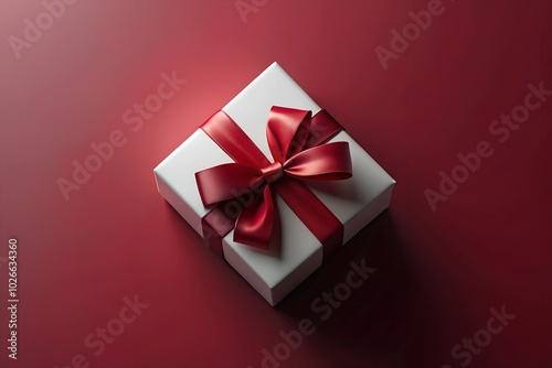 A minimalistic white gift box tied with a red ribbon, set against a solid red background. Perfect for holiday promotions or Christmas gift presentations with available copy space.