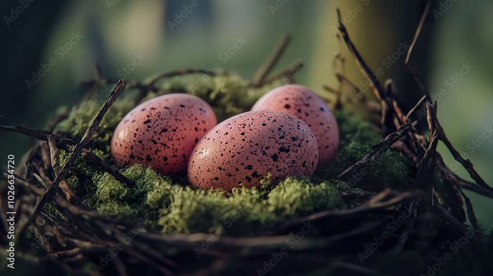 A close-up of speckled Easter eggs resting in a nest made of twigs and soft moss A close-up of speckled Easter eggs resting in a nest made of twigs and soft moss