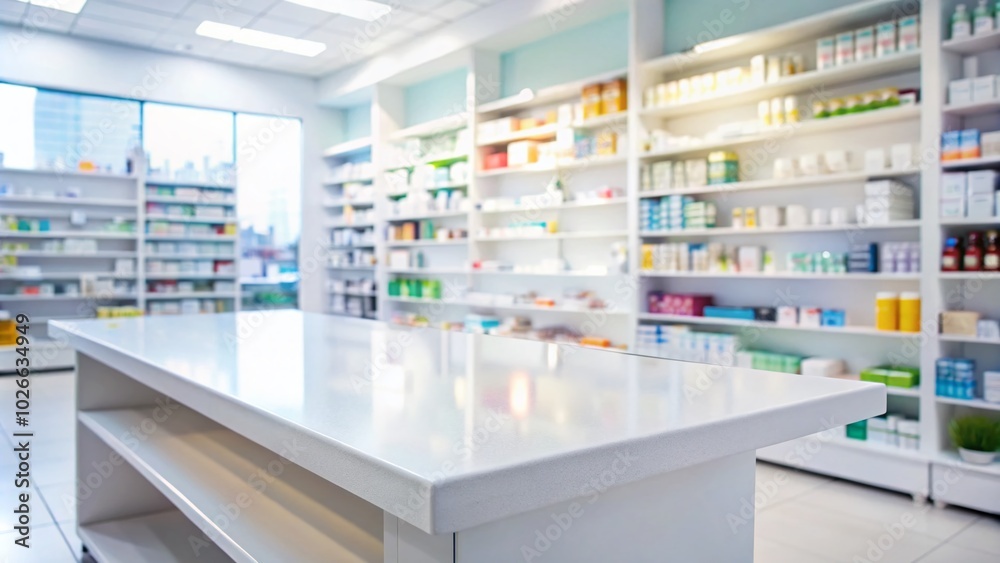 Empty White Table with Blurry Pharmacy Background for Product Display and Health Promotion Empty White Table with Blurry Pharmacy Background for Product Display and Health Promotion