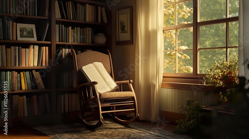 A cozy corner featuring a rocking chair and a bookshelf filled with beloved stories, celebrating cherished moments