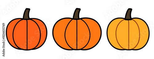 Three simple line art pumpkins, orange and brown on a white background