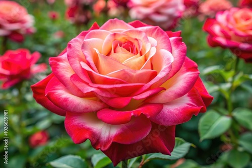 Stunning hybrid tea rose blooming in a garden during the vibrant spring season. Generative AI photo