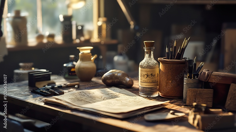 A delicate arrangement of handcrafted items on a table, celebrating creativity and craftsmanship A delicate arrangement of handcrafted items on a table, celebrating creativity and craftsmanship