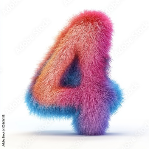 3D number 4 with colored furr texture realistic modern design, soft lighting, white background photo