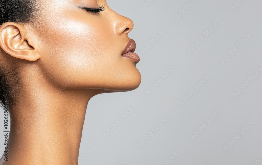 Close-up side profile of a woman with facial contour lines on her chin, symbolizing the effects of a skin-lifting or contouring treatment, smooth and refined skin Close-up side profile of a woman with facial contour lines on her chin, symbolizing the effects of a skin-lifting or contouring treatment, smooth and refined skin