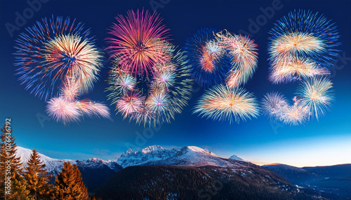 Cartoon style fireworks on New Year's Eve with 2025 painted in the sky