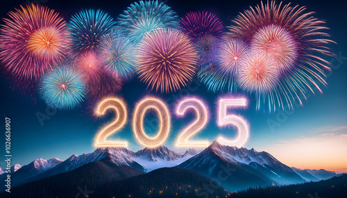 Cartoon style fireworks on New Year's Eve with 2025 painted in the sky