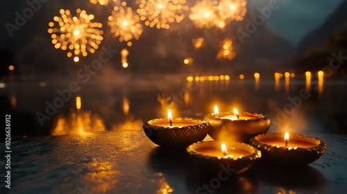 A Diwali poster mockup with fireworks in the background, softly glowing diyas placed in front