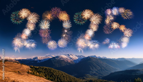 Cartoon style fireworks on New Year's Eve with 2025 painted in the sky
