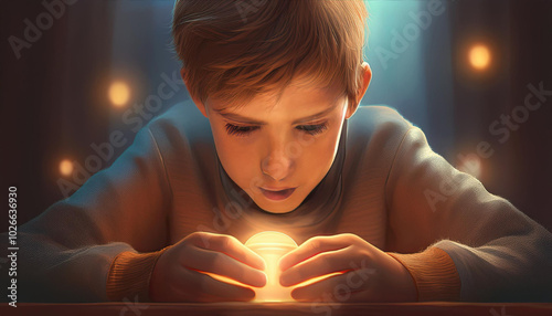 Cartoon style teenage boy looking at mysterious light in his hands illuminating his face, with dimmed background.