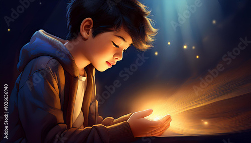 Cartoon style teenage boy looking at mysterious light in his hands illuminating his face, with dimmed background.