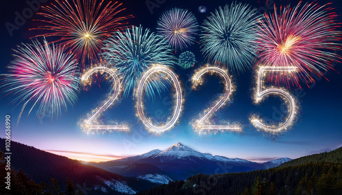 Cartoon style fireworks on New Year's Eve with 2025 painted in the sky
