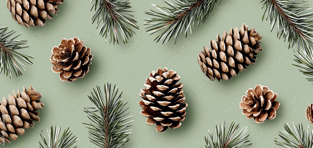 Fototapeta premium Repeating pattern of pine needles and cones on a soft green background, creating a natural, woodland-inspired design