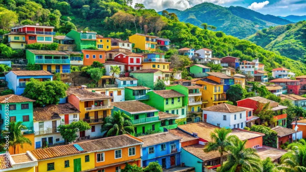 Vibrant colorful houses on the hillside in Macondo, showcasing local architecture. Generative AI Vibrant colorful houses on the hillside in Macondo, showcasing local architecture. Generative AI