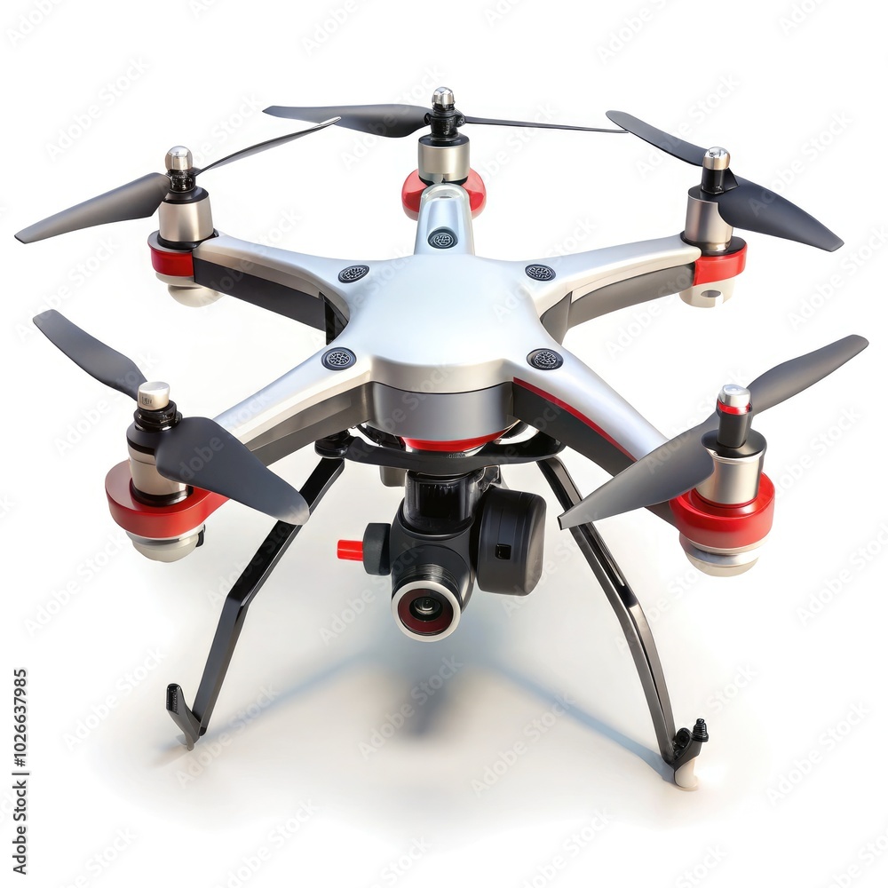 Modern FPV drone quadcopter displayed on a clean white background for showcase. Generative AI Modern FPV drone quadcopter displayed on a clean white background for showcase. Generative AI