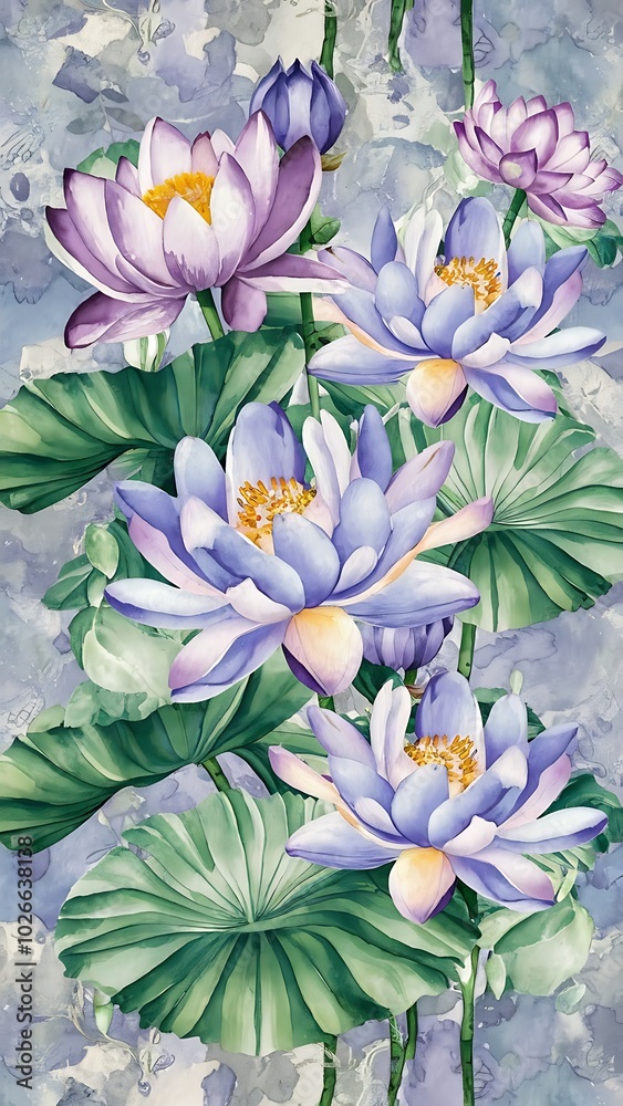 Obraz premium Blue and purple lotuses with leaves. Watercolor illustration set. Seamless background pattern. Fabric wallpaper print texture.