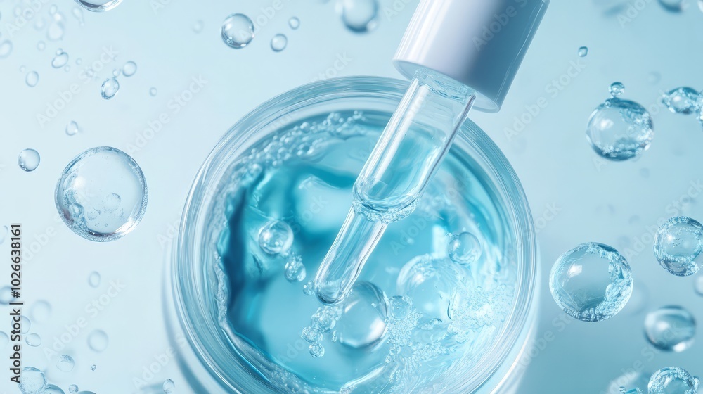 Dropper of Hyaluronic Acid Serum: A close-up shot of a dropper dispensing clear hyaluronic acid serum onto a blue background, with water droplets in the background. Dropper of Hyaluronic Acid Serum: A close-up shot of a dropper dispensing clear hyaluronic acid serum onto a blue background, with water droplets in the background.
