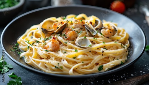 Delicious clams linguine served in a rustic bowl in a cozy kitchen setting