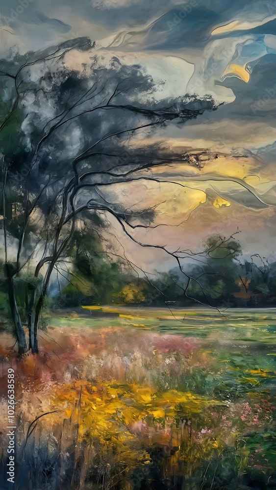 Fototapeta premium Abstract oil painting landscape. Oil painting outdoor on canvas. Semi abstract tree, field, meadow. Abstraction Landscape nature, contemporary art for background