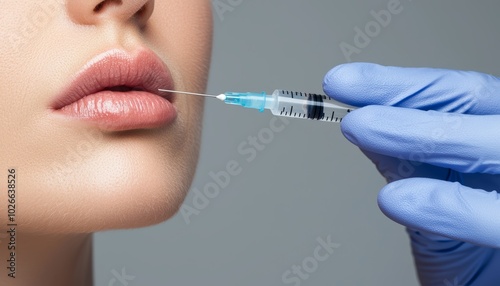 Woman s face in focus as she receives a beauty injection, gloved hands holding a syringe, showcasing cosmetic enhancement for fuller lips and smoother skin