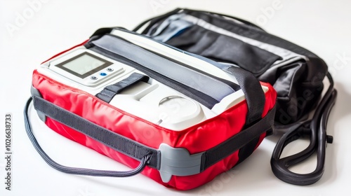 Portable defibrillator, white background.