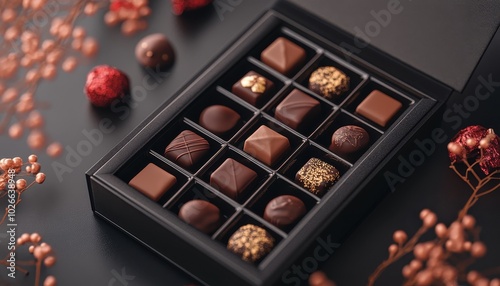 Decadent chocolate box mockup with assorted truffles on a dark surface