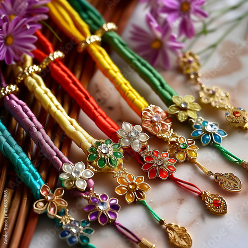 Traditional Colorful Rakhis with Flowers photo