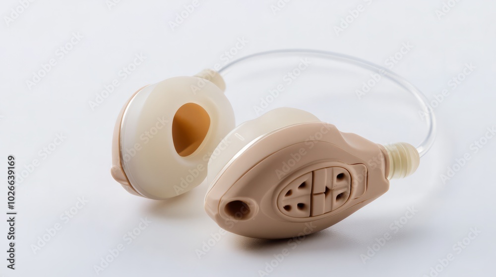 Behind the Sound: A beige behind-the-ear hearing aid with a clear tube, isolated against a blank backdrop, ready to amplify the world around you. Behind the Sound: A beige behind-the-ear hearing aid with a clear tube, isolated against a blank backdrop, ready to amplify the world around you.