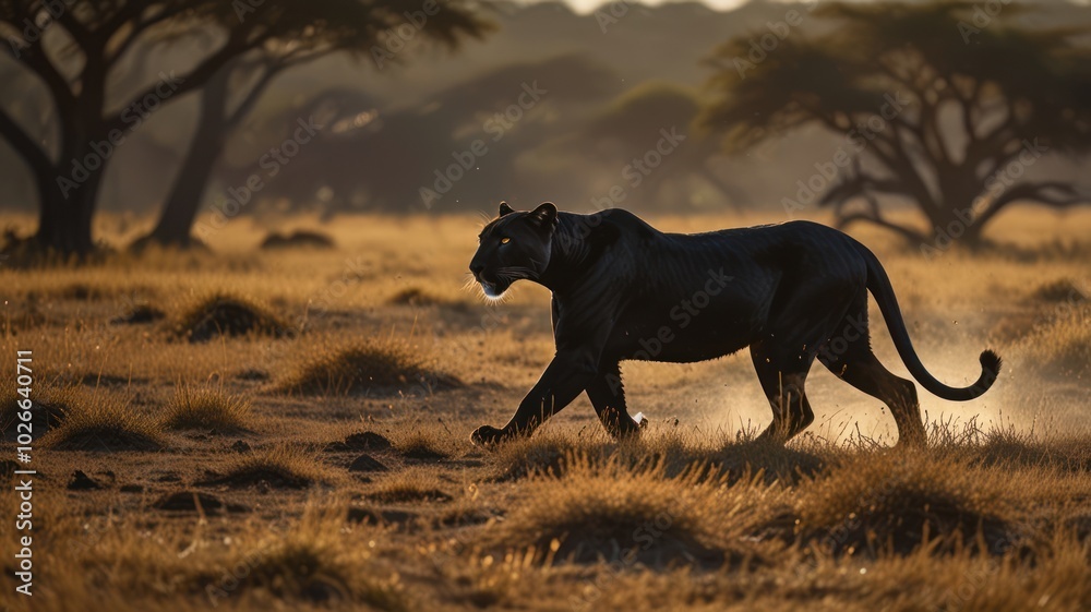 A majestic black panther walks through the savanna at sunset, its powerful muscles rippling as it moves. A majestic black panther walks through the savanna at sunset, its powerful muscles rippling as it moves.