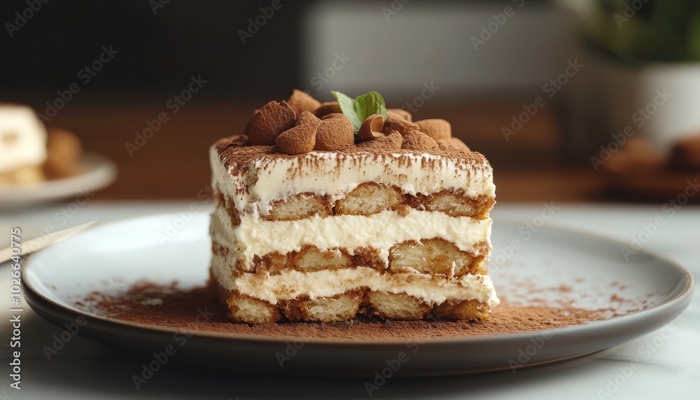 Delicious tiramisu topped with cocoa served on a wooden table in an Italian kitchen Delicious tiramisu topped with cocoa served on a wooden table in an Italian kitchen