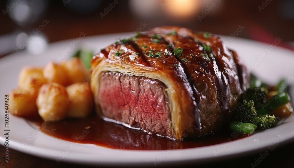 Beef Wellington with roasted potatoes and seasonal veggies in a cozy eatery Beef Wellington with roasted potatoes and seasonal veggies in a cozy eatery