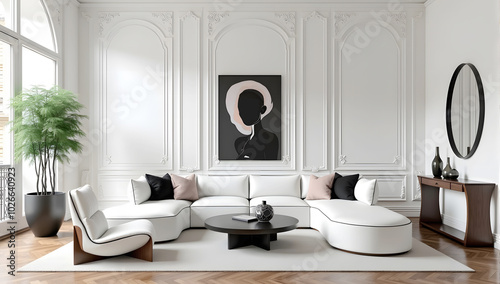 Japandi, minimalist beautiful sofa chair interior design of modern living room with art frame