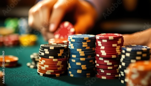 Intense poker game at a casino table with stacked chips revealing high stakes