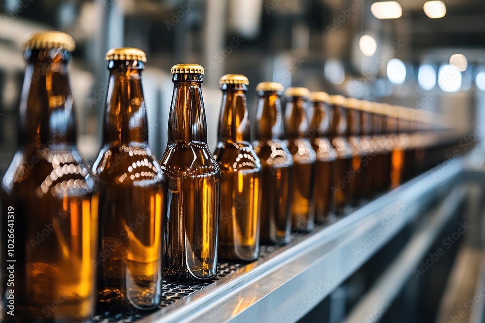 Beer bottles on a conveyor belt in brewery Beer bottles on a conveyor belt in brewery