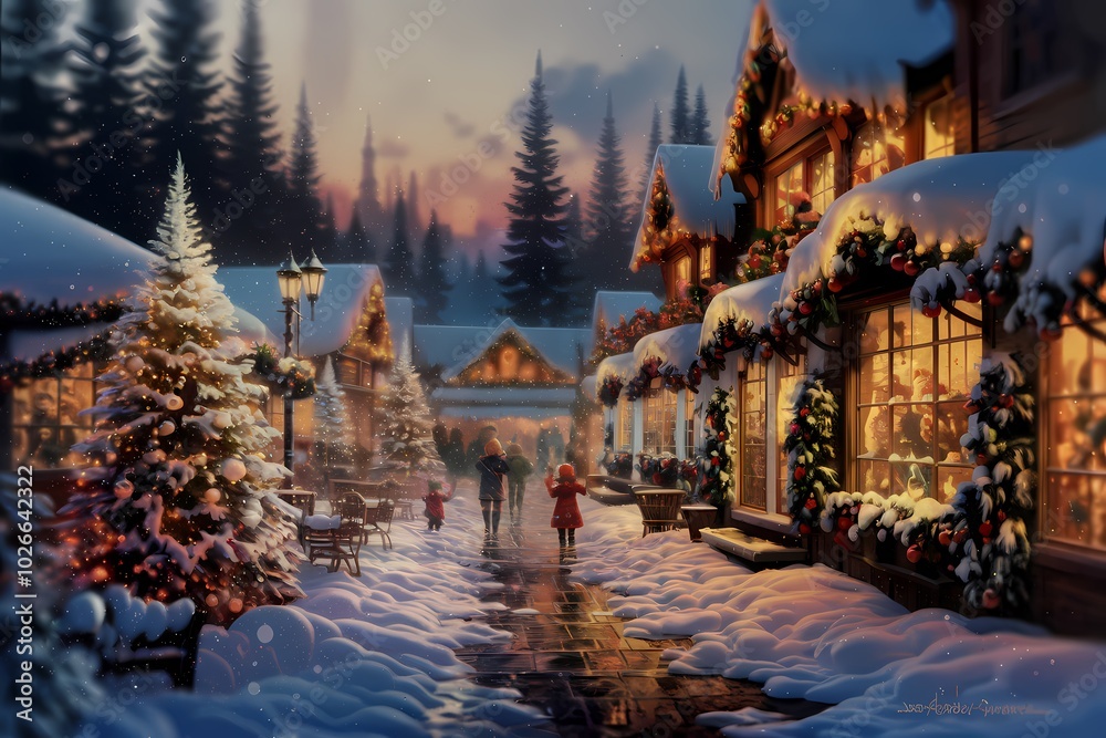 A digital painting of a quaint, snow-covered village square at Christmastime. A digital painting of a quaint, snow-covered village square at Christmastime.