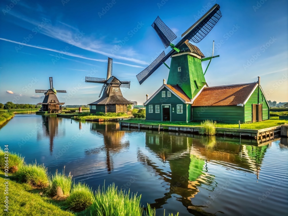 Obraz premium Explore the iconic windmills of Zaanse Schans, immersing yourself in the rich Dutch heritage and stunning landscapes that define this historic