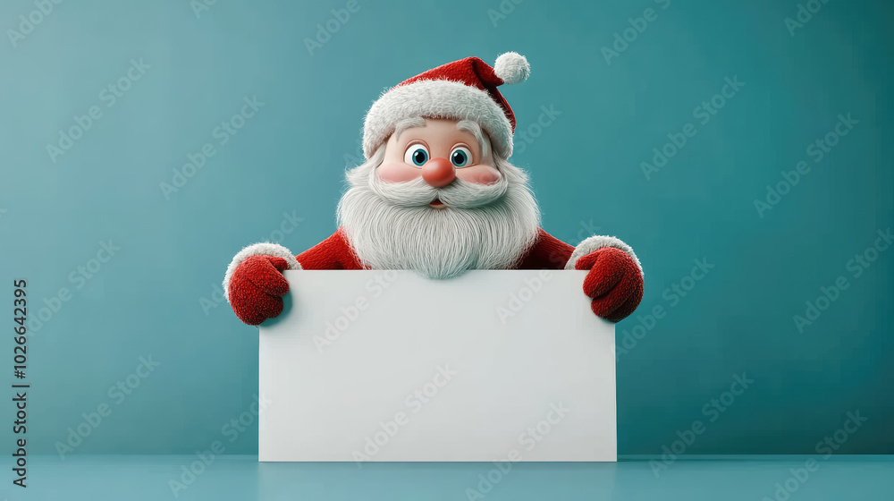 Santa Claus Christmas cartoon character holding a blank white sign on blue background Santa Claus Christmas cartoon character holding a blank white sign on blue background