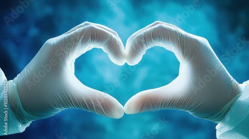 A pair of gloved hands forming a heart shape against a blue background.