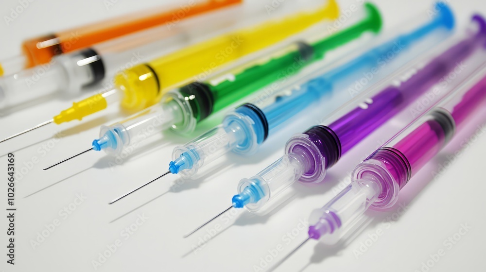 A vibrant collection of colorful syringes arranged in a captivating display. Perfect for medical, healthcare, or artistic projects needing a splash of color. A vibrant collection of colorful syringes arranged in a captivating display. Perfect for medical, healthcare, or artistic projects needing a splash of color.
