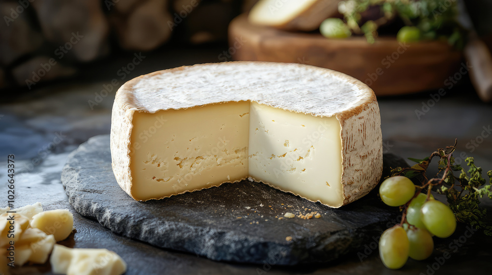 Featuring a cheese wheel with a slice removed, elegantly arranged with grapes and sprigs, resting on a dark stone platter, underlines its rich texture and flavor. Featuring a cheese wheel with a slice removed, elegantly arranged with grapes and sprigs, resting on a dark stone platter, underlines its rich texture and flavor.