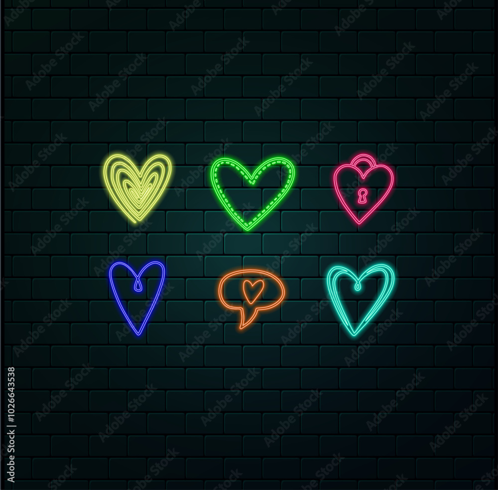 Coração brilhante vermelho neon em bandeira de bolha de espectro no fundo de tijolo escuro e vazio do grunge. Vector vintage vermelho coração como sinal. Símbolo retrô do dia dos namorados de néon
