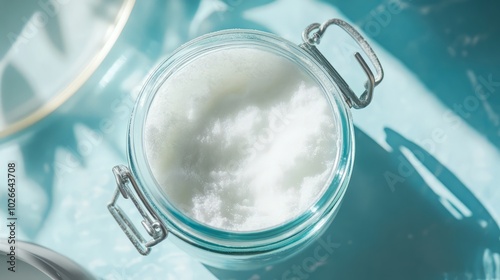 Zinc oxide in a glass jar, sunscreen ingredients with UV protection, beauty care concept 