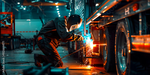 Imagen horizontal de un soldador trabajando en componer un camión 