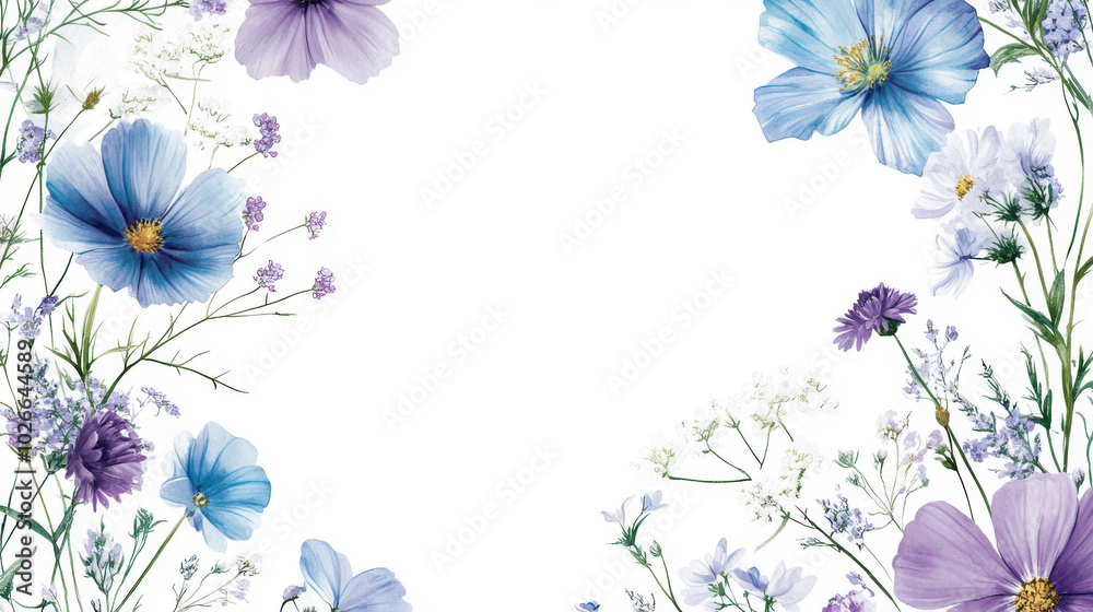 Obraz premium Floral border with blue and purple flowers on a white background, with space for text in the center. Perfect for spring-themed designs