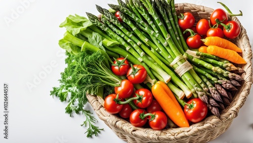 A basket filled with fresh vegetables, including asparagus, tomatoes, and carrots.