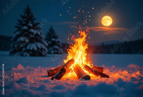 fire in the fireplace at the Christmas night with red moon in sniw photo