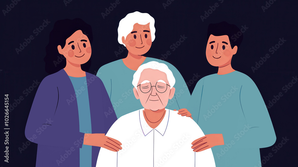 Obraz premium Family Bonding in Dementia Care, a heartfelt scene of family members embracing an elderly loved one, radiating warmth and support, highlighting their vital role in nurturing care.
