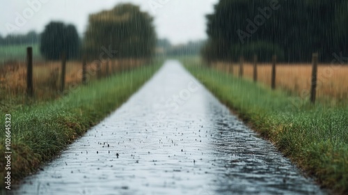 Gentle Rainfall in Serene Countryside, soft droplets falling on lush fields, tranquil rural landscape enveloped in a peaceful ambiance, nature's refreshing embrace photo