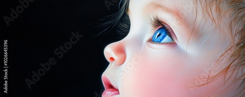 A close-up of a baby's face, with large, striking blue eyes looking upward, the soft light reflecting off the eyes to enhance their vivid color. photo