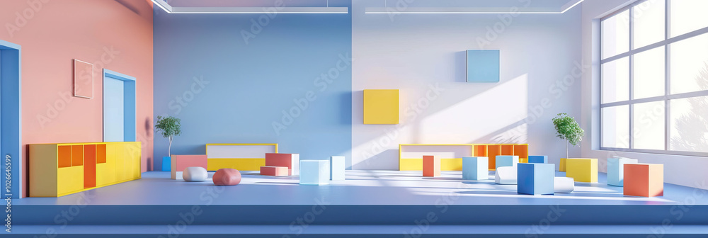 Minimalist Elementary: A sleek, modern school background with primary-colored furniture and simple geometric shapes adorning the walls. Minimalist Elementary: A sleek, modern school background with primary-colored furniture and simple geometric shapes adorning the walls.